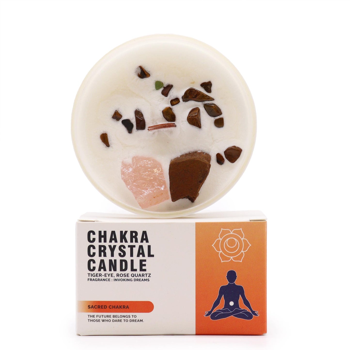 Sacral Chakra crystal candle with Tiger Eye, Rose Quartz, and Invoking Dreams scent