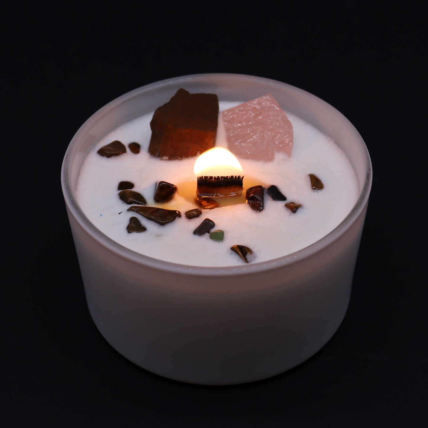 Sacral Chakra crystal candle with Tiger Eye, Rose Quartz, and Invoking Dreams scent