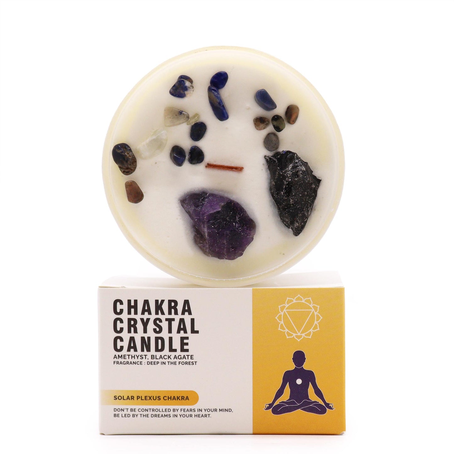 Solar Plexus Chakra crystal candle with Amethyst, Black Agate, and Deep in the Forest scent