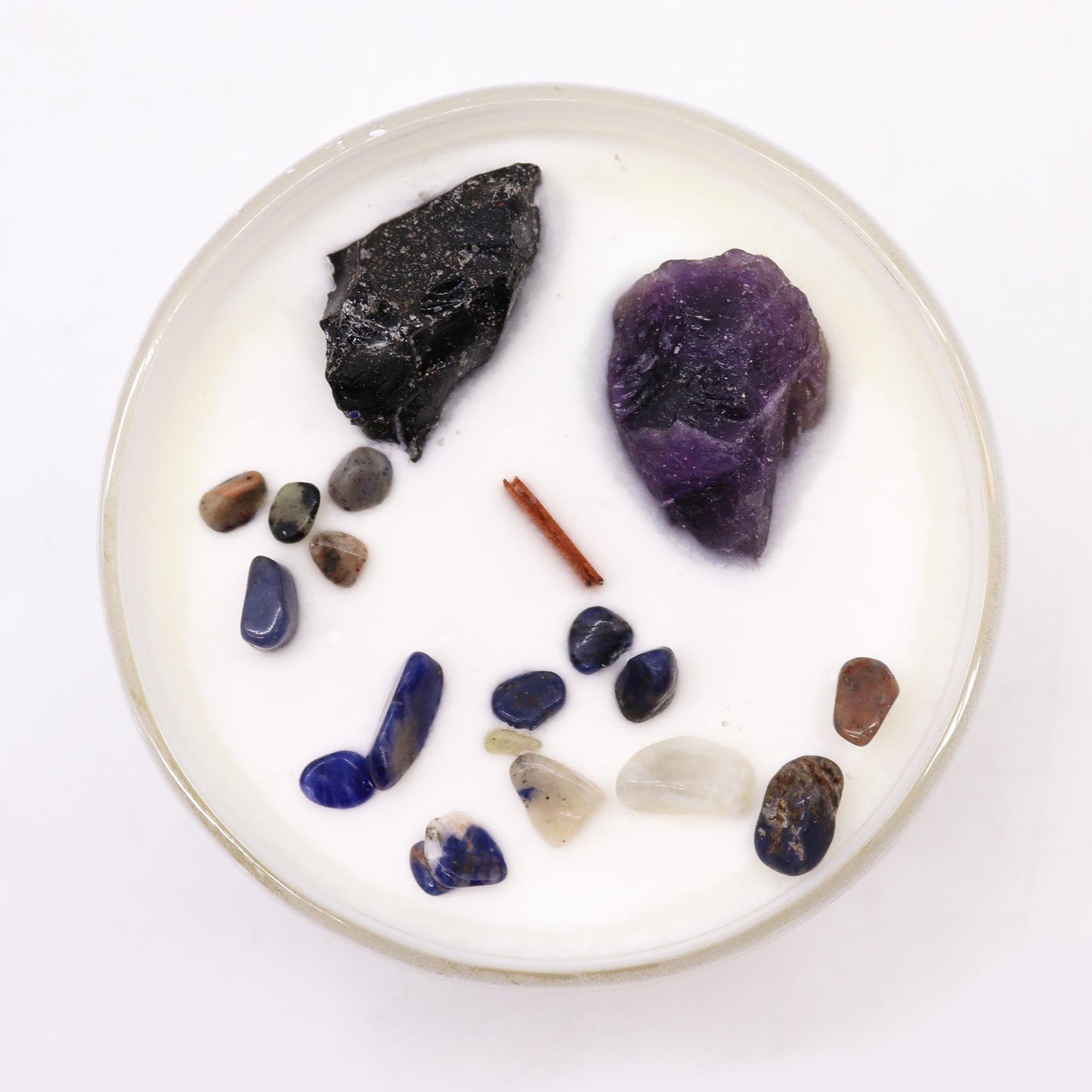 Solar Plexus Chakra crystal candle with Amethyst, Black Agate, and Deep in the Forest scent