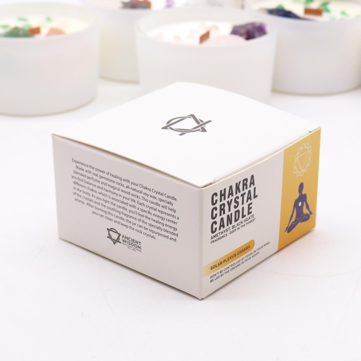 Solar Plexus Chakra crystal candle with Amethyst, Black Agate, and Deep in the Forest scent