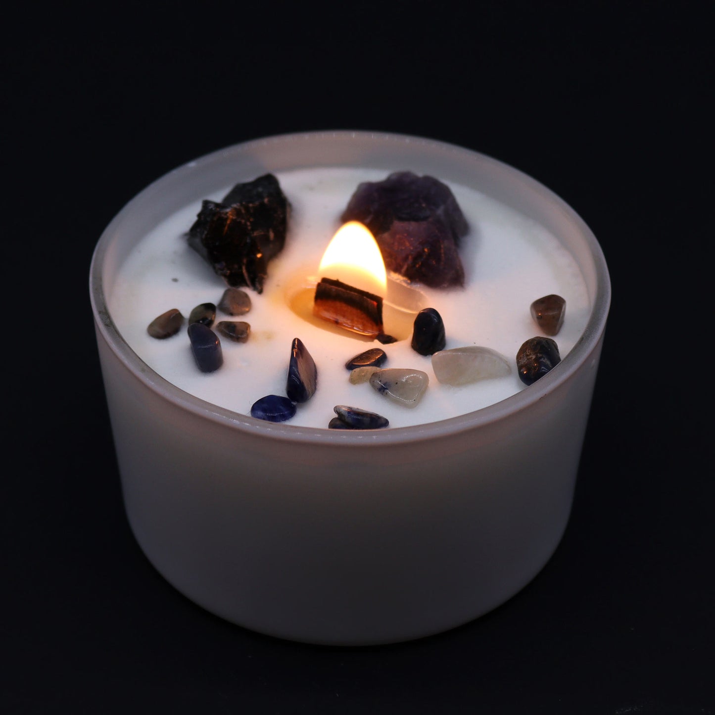 Solar Plexus Chakra crystal candle with Amethyst, Black Agate, and Deep in the Forest scent