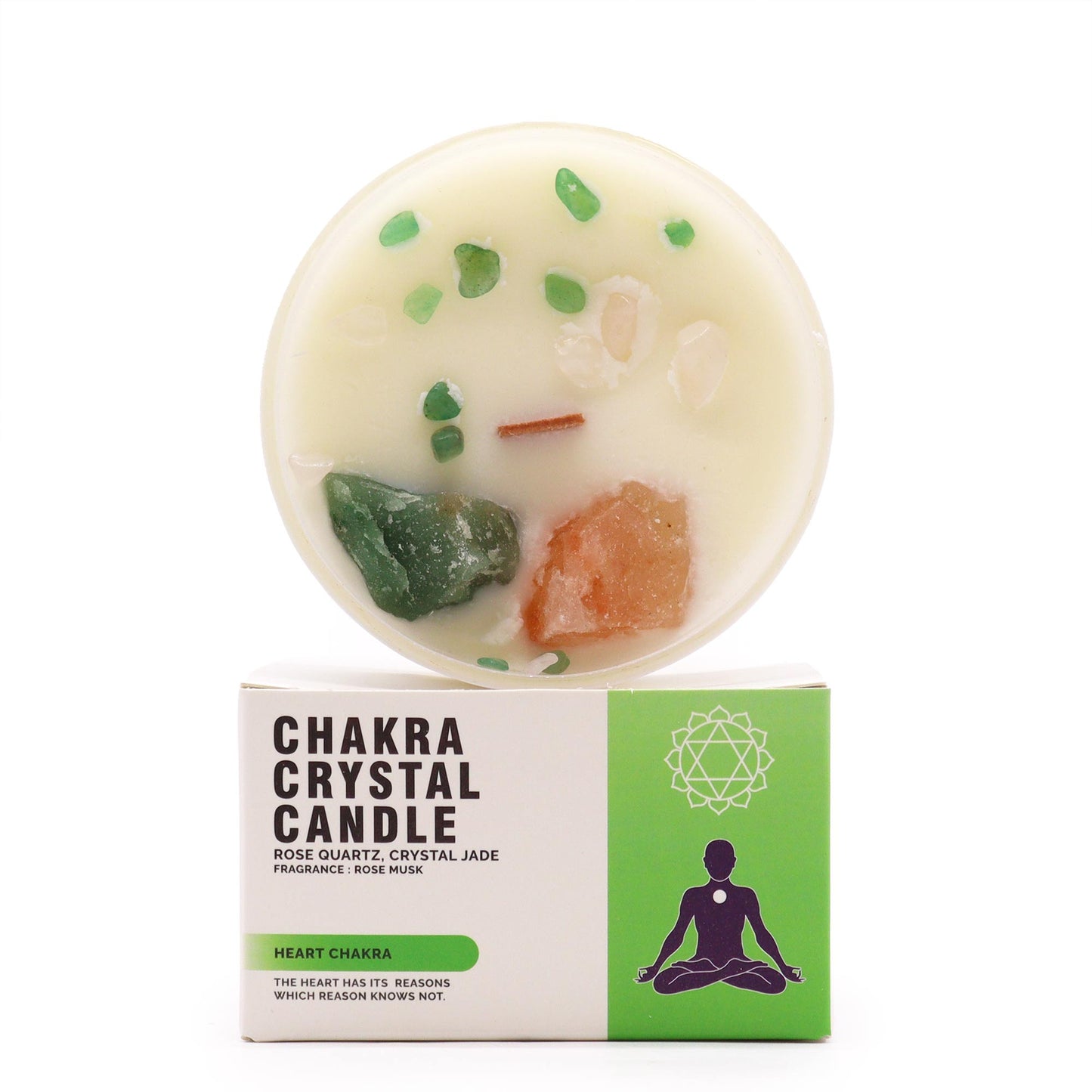 Heart Chakra crystal candle with Rose Quartz, Crystal Jade, and Rose Musk scent