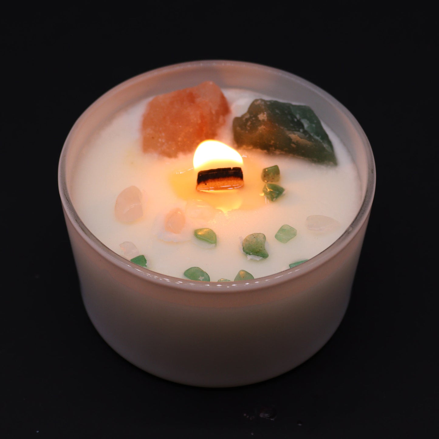 Heart Chakra crystal candle with Rose Quartz, Crystal Jade, and Rose Musk scent