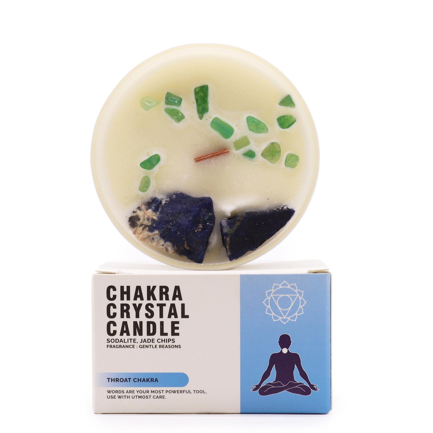 Throat Chakra crystal candle with Sodalite, Jade Chips, and Gentle Reasons scent