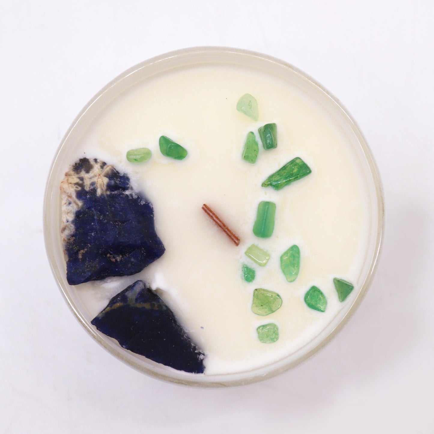 Throat Chakra crystal candle with Sodalite, Jade Chips, and Gentle Reasons scent