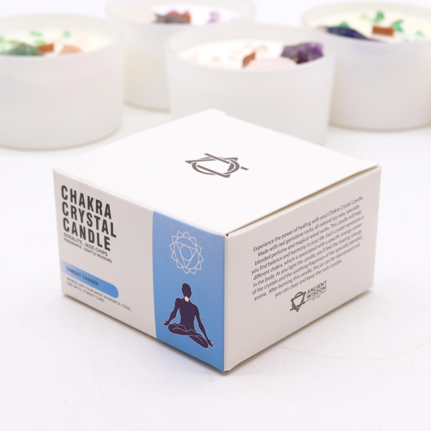 Throat Chakra crystal candle with Sodalite, Jade Chips, and Gentle Reasons scent