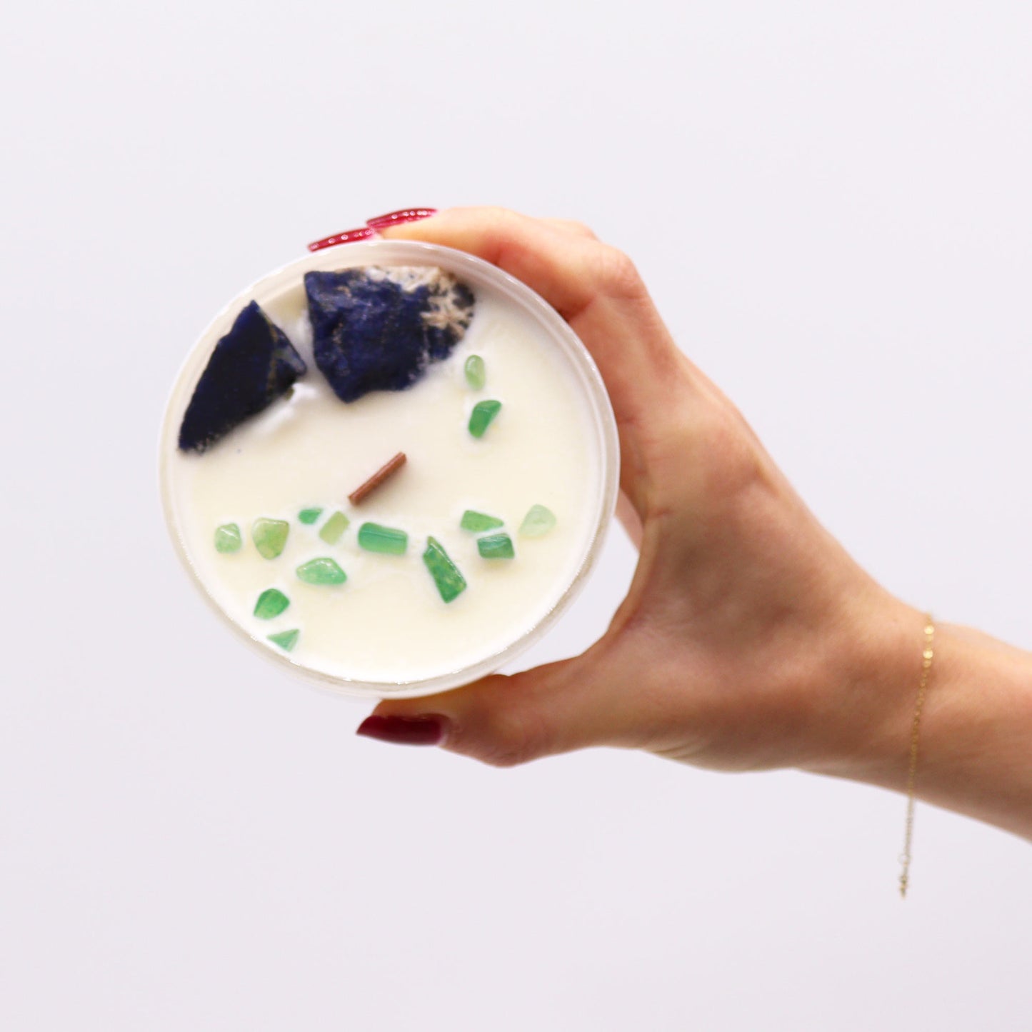 Throat Chakra crystal candle with Sodalite, Jade Chips, and Gentle Reasons scent