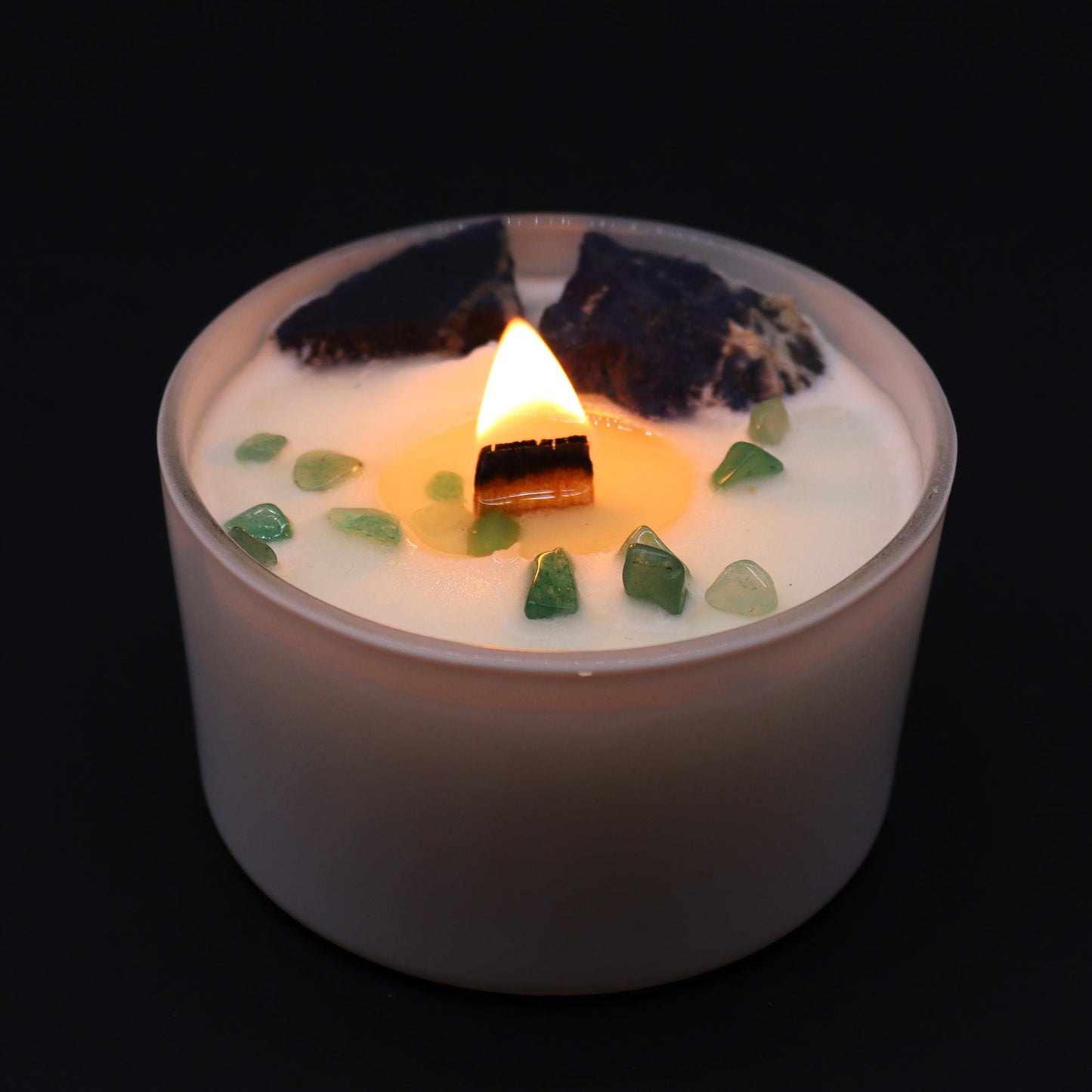 Throat Chakra crystal candle with Sodalite, Jade Chips, and Gentle Reasons scent