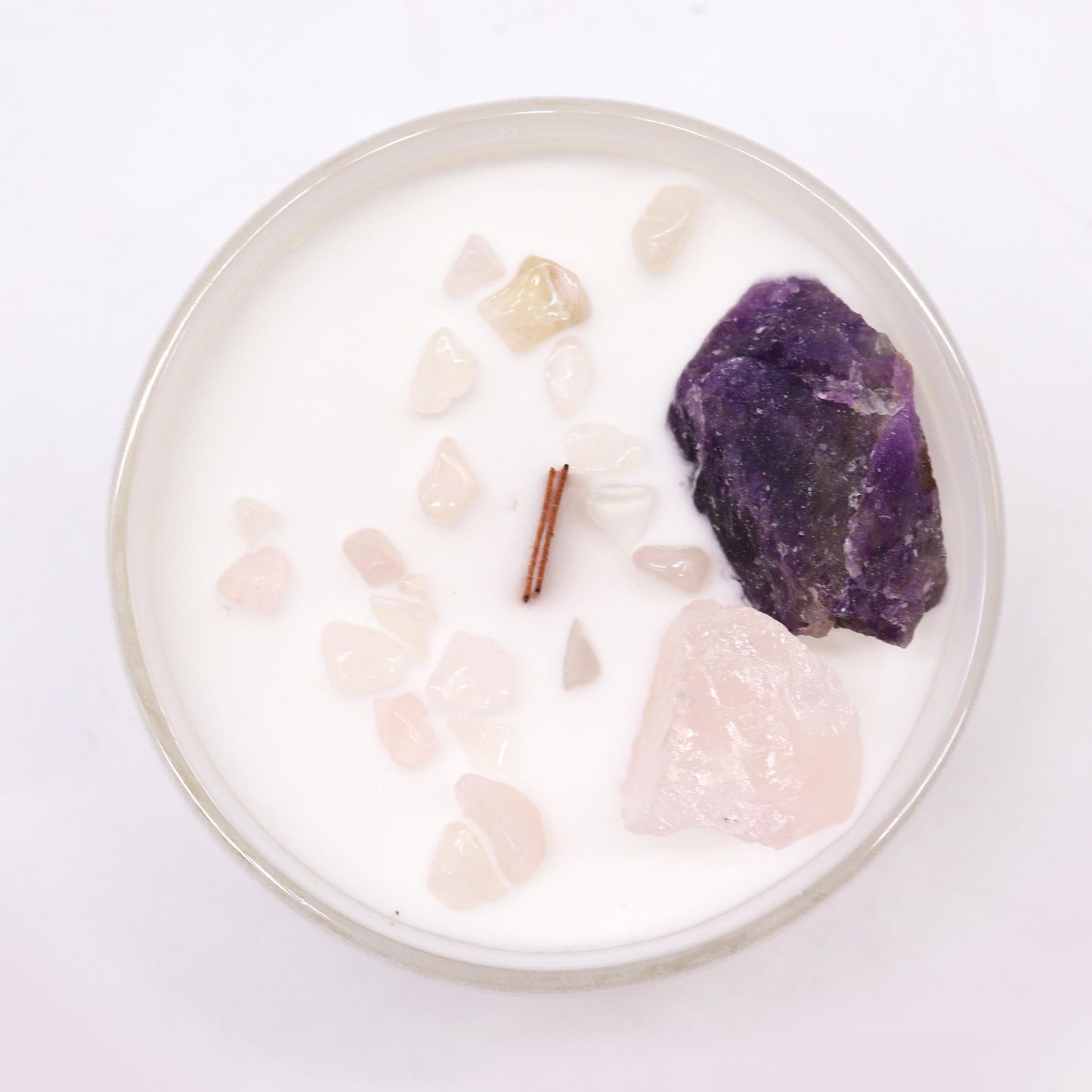 Third Eye Chakra crystal candle with Amethyst, Rose Quartz, and Sweet Crystal Truth scent