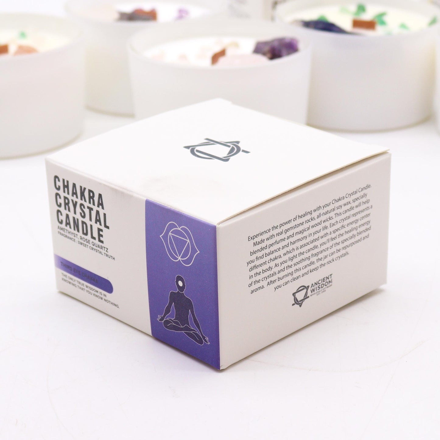 Third Eye Chakra crystal candle with Amethyst, Rose Quartz, and Sweet Crystal Truth scent