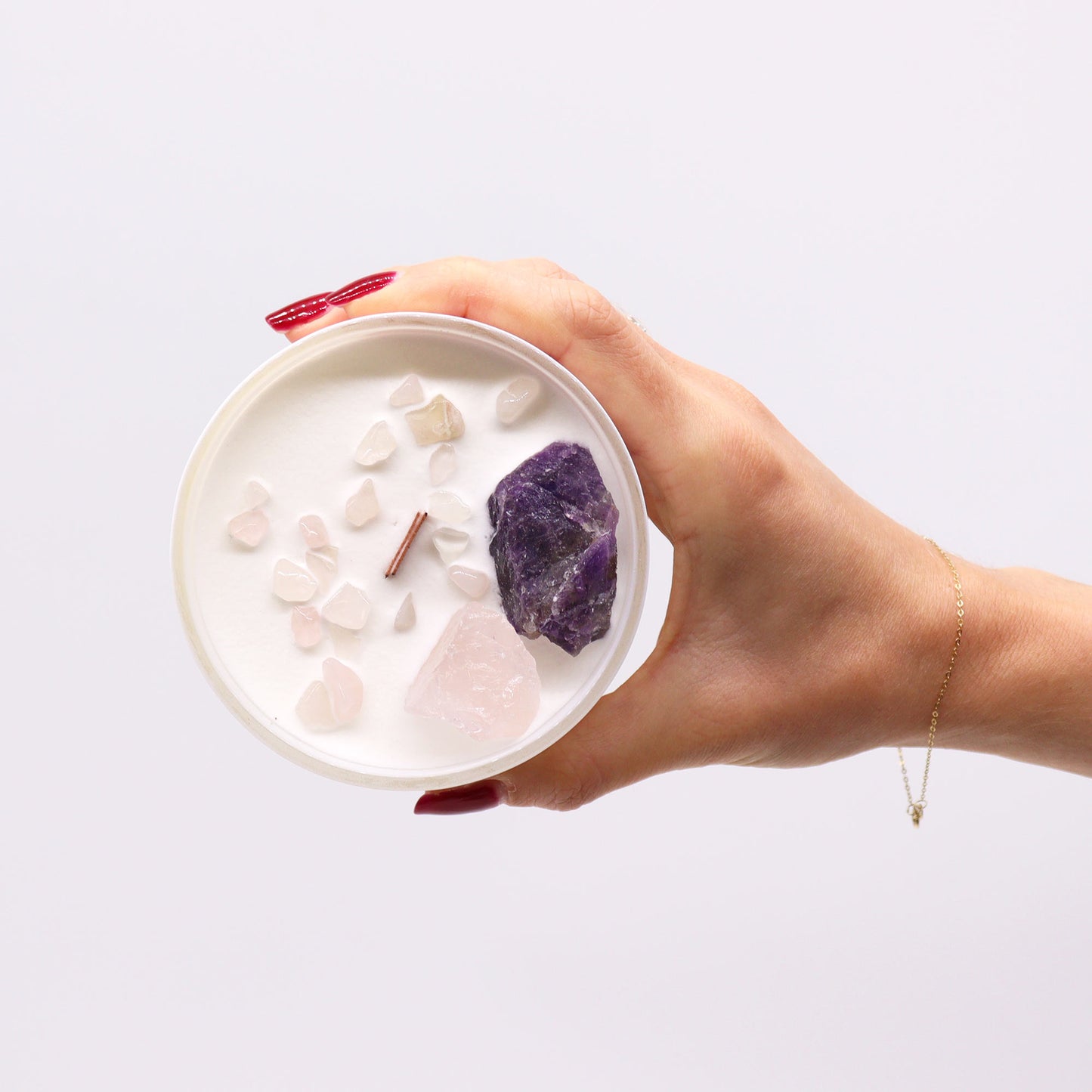 Third Eye Chakra crystal candle with Amethyst, Rose Quartz, and Sweet Crystal Truth scent
