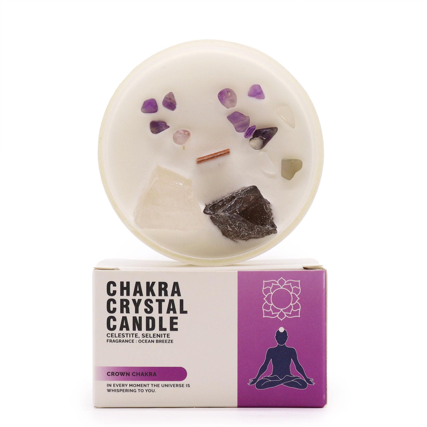 Crown Chakra crystal candle with Celestite, Selenite, and Ocean Breeze scent
