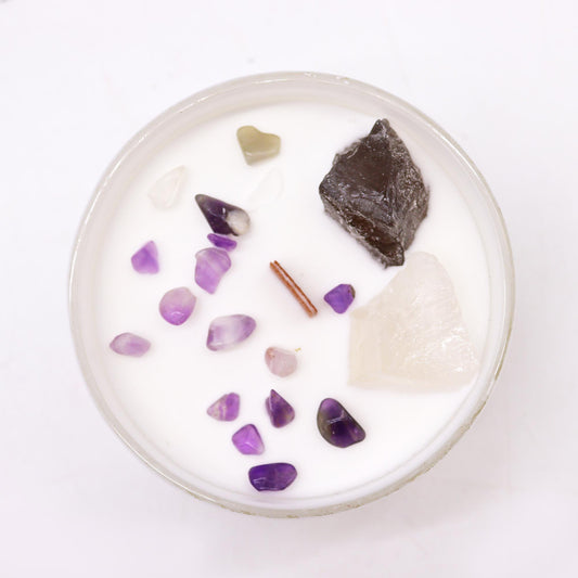 Crown Chakra crystal candle with Celestite, Selenite, and Ocean Breeze scent