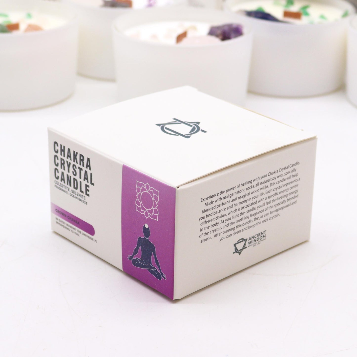 Crown Chakra crystal candle with Celestite, Selenite, and Ocean Breeze scent