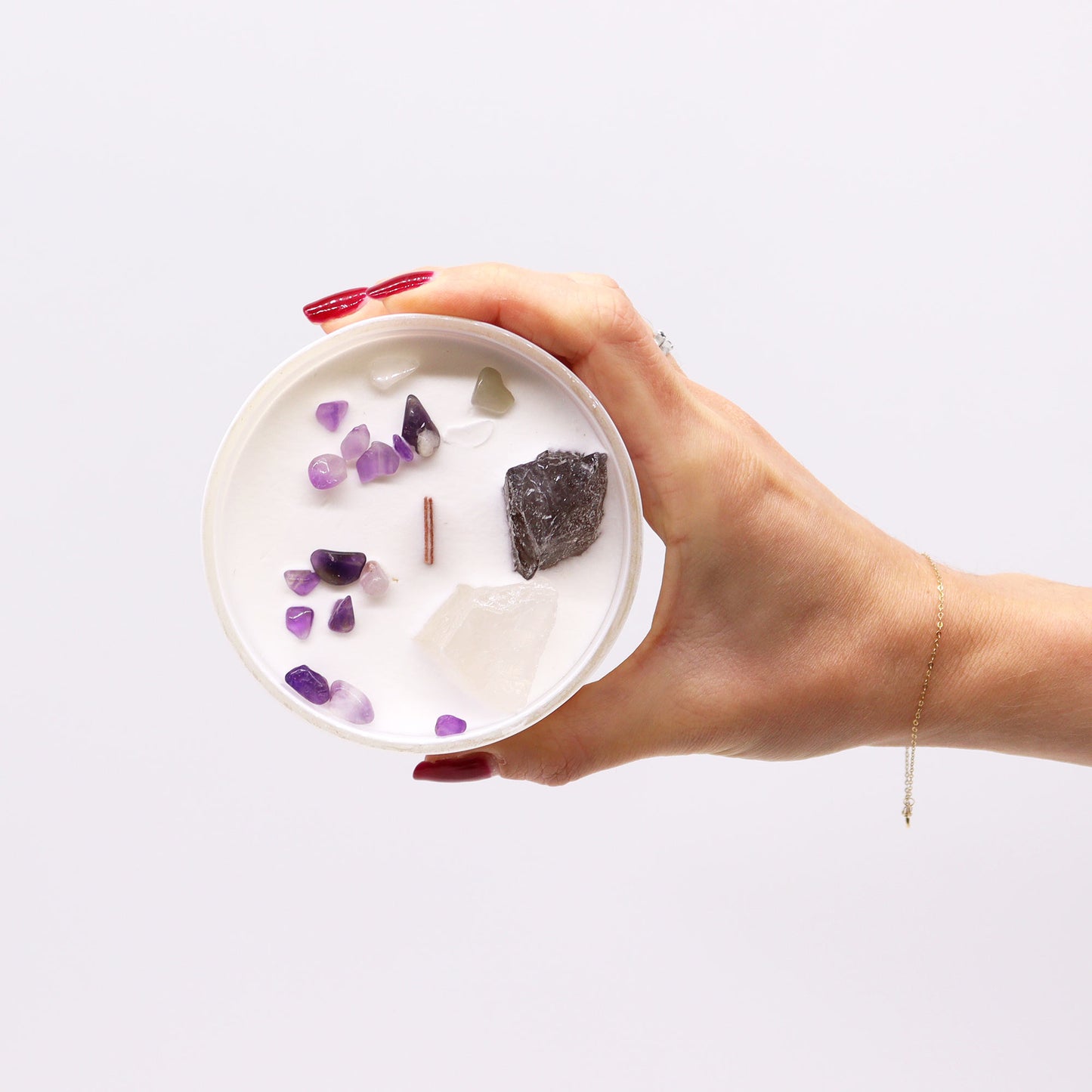 Crown Chakra crystal candle with Celestite, Selenite, and Ocean Breeze scent
