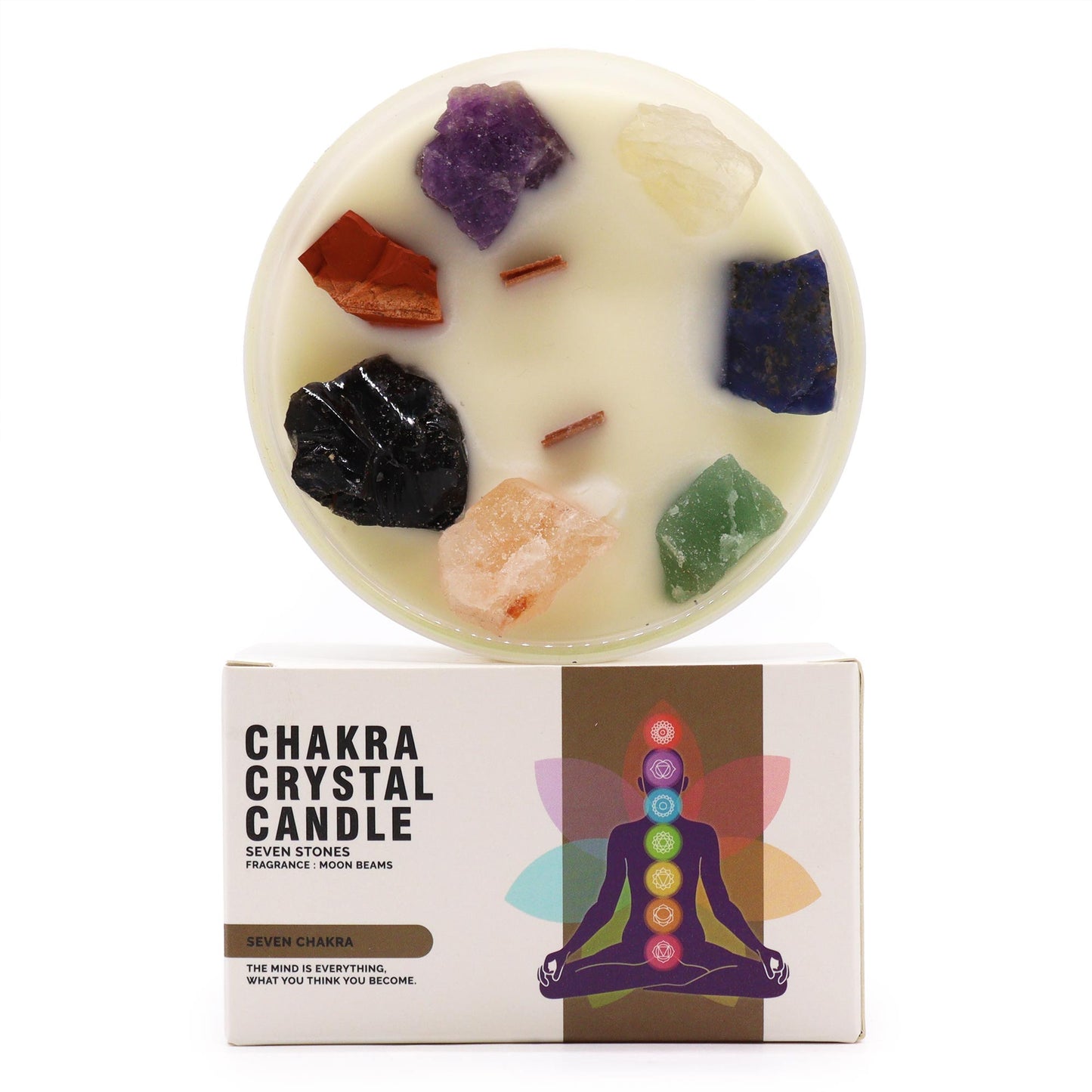 Seven Chakra crystal candle with 7 gemstones and Moon Beams scent