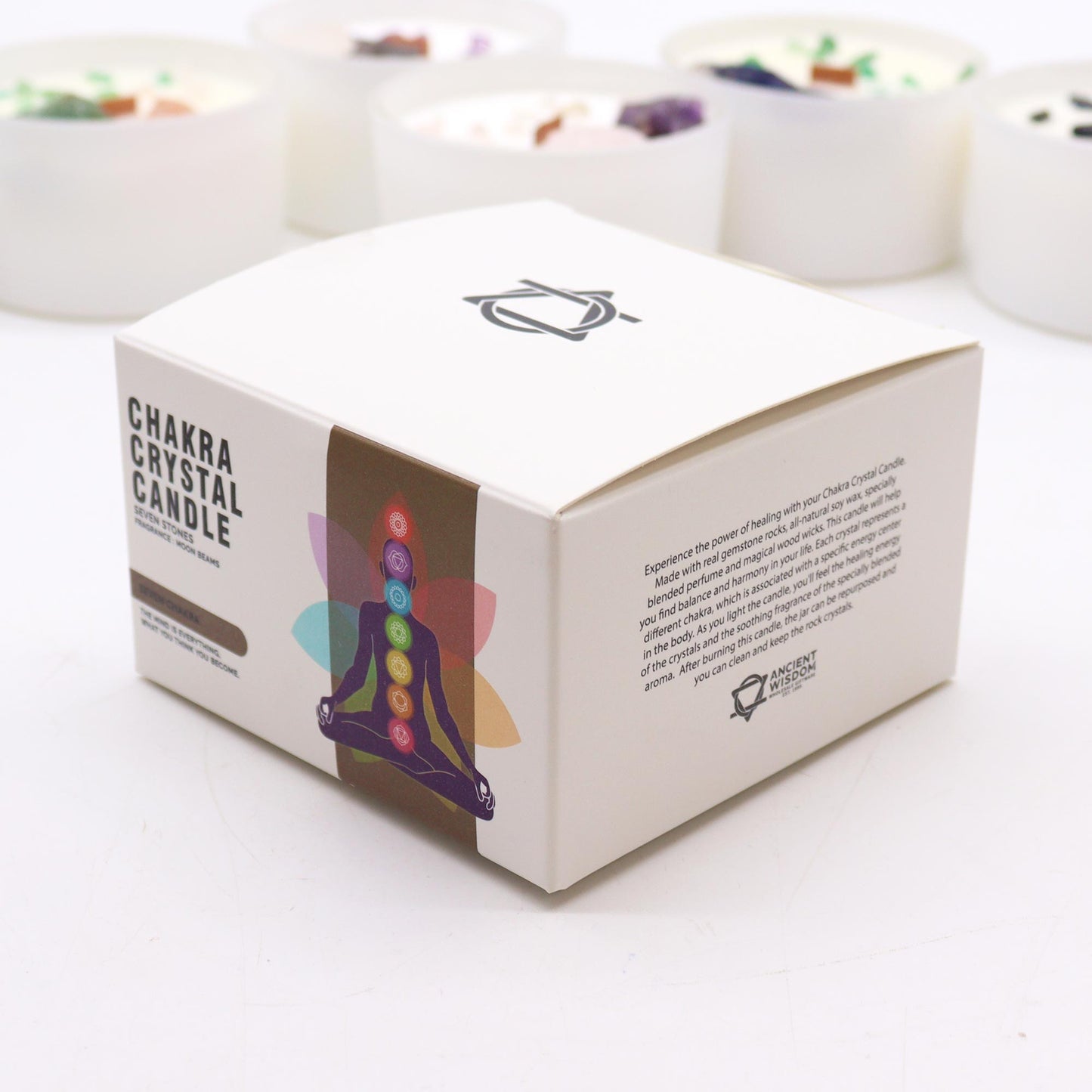 Seven Chakra crystal candle with 7 gemstones and Moon Beams scent