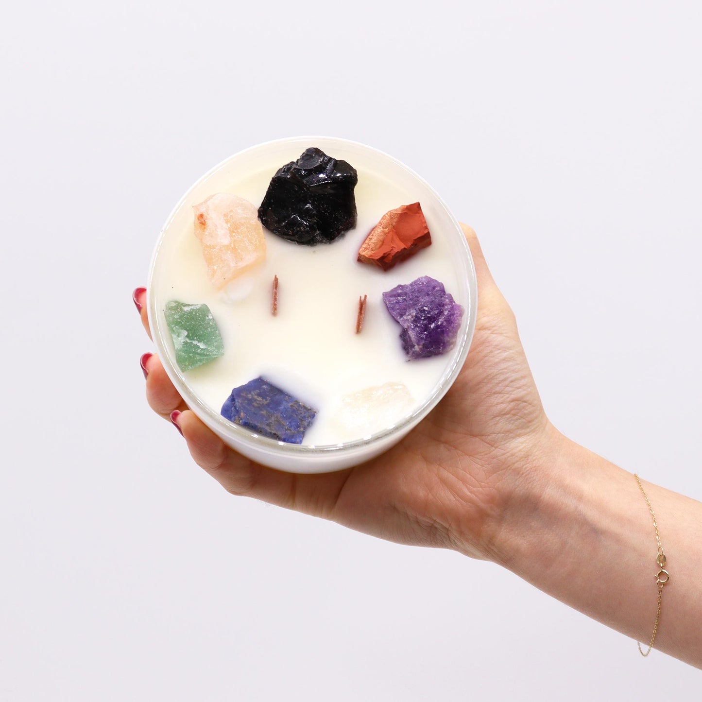 Seven Chakra crystal candle with 7 gemstones and Moon Beams scent