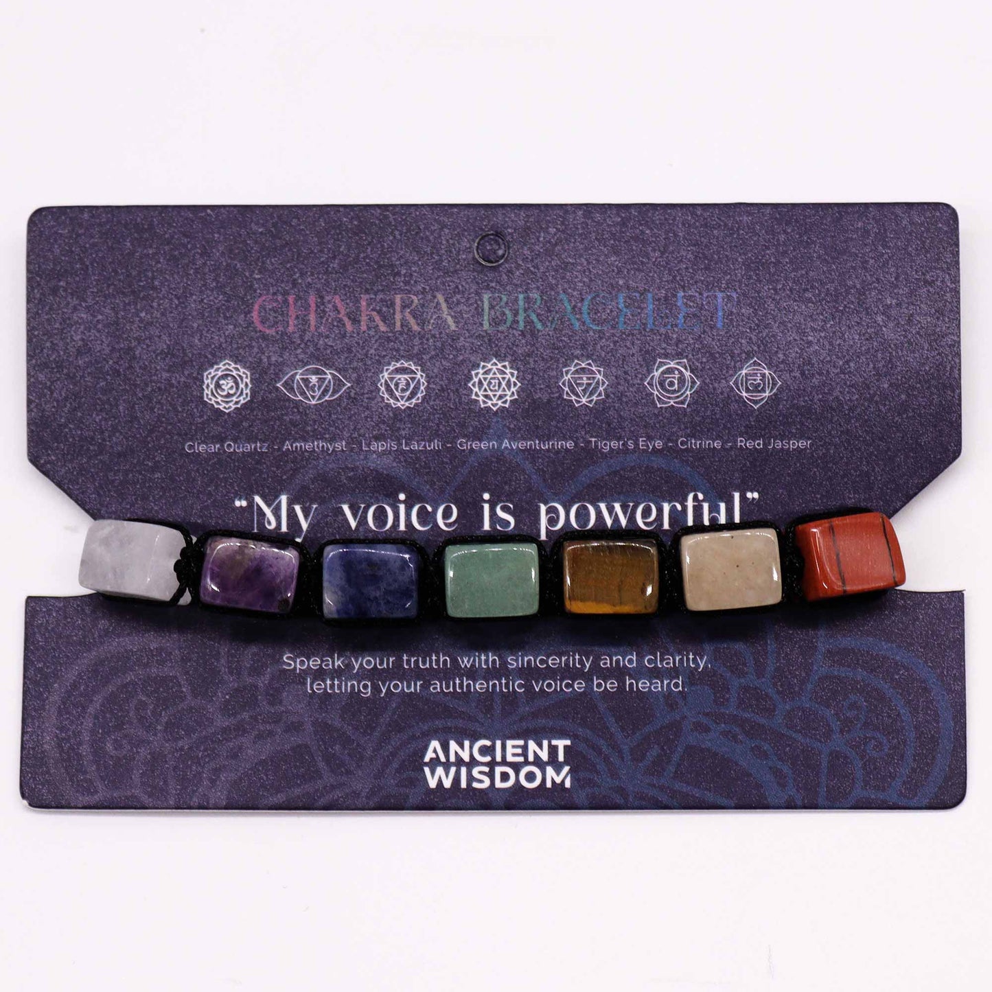 Chakra string bracelet with square tumble stones and “My voice is powerful” affirmation on adjustable cotton cord.