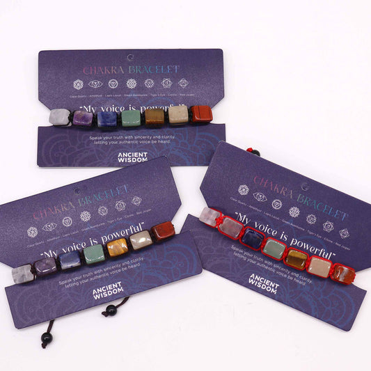 Chakra string bracelet with square tumble stones and “My voice is powerful” affirmation on adjustable cotton cord.