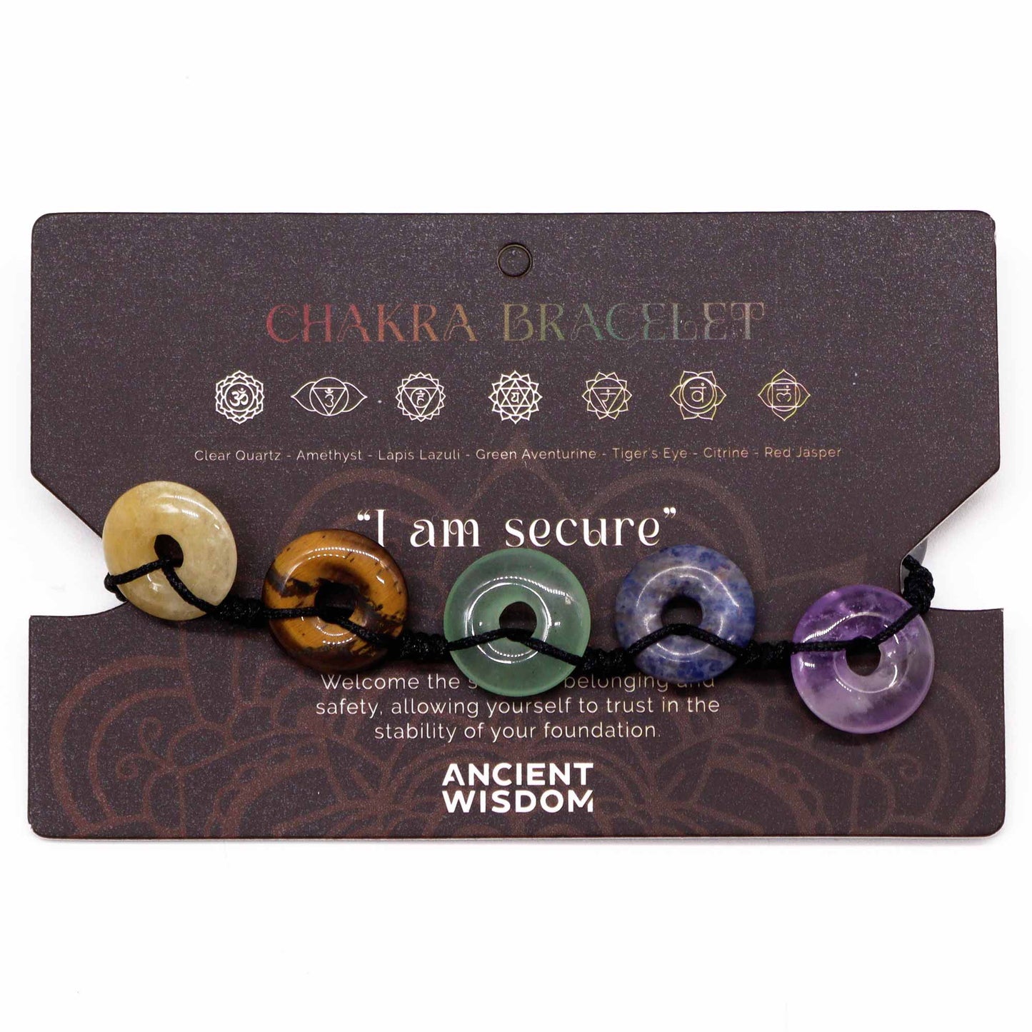 Chakra string bracelet with large donut-shaped gemstone beads and “I am secure” affirmation on adjustable cotton cord.