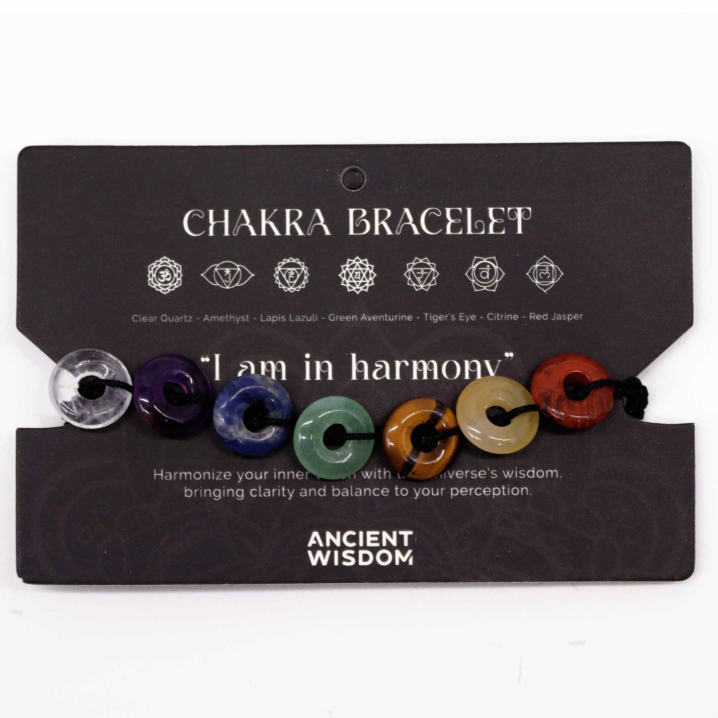 Chakra string bracelet with mini donut-shaped gemstone beads and “I am in harmony” affirmation on adjustable cotton cord.