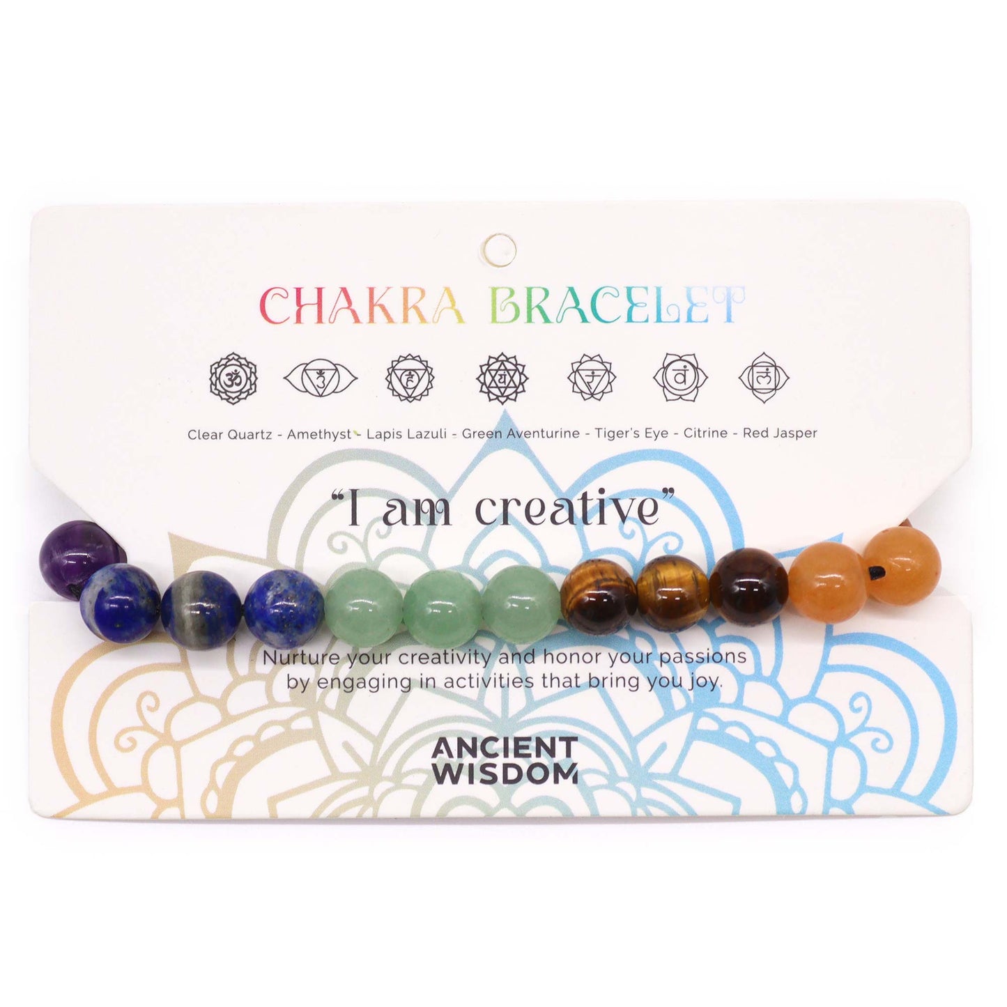 Chakra string bracelet with 21 gemstone beads and "I am creative" affirmation on an adjustable cotton cord.