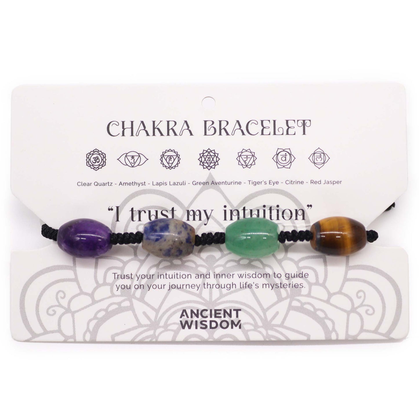 Chakra string bracelet with gemstone beads and "I trust my intuition" affirmation on an adjustable cotton cord.