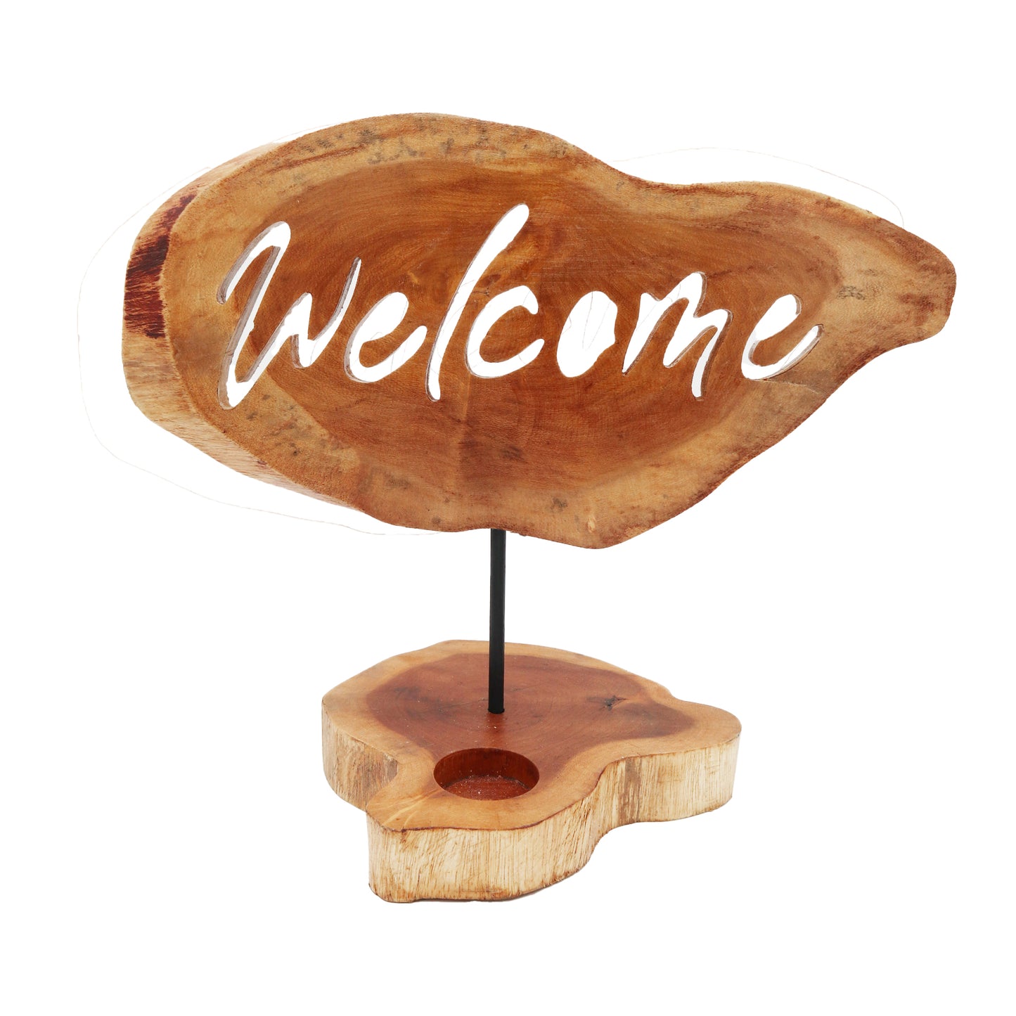 Welcome wood sign tea light holder – rustic carved wood candle holder