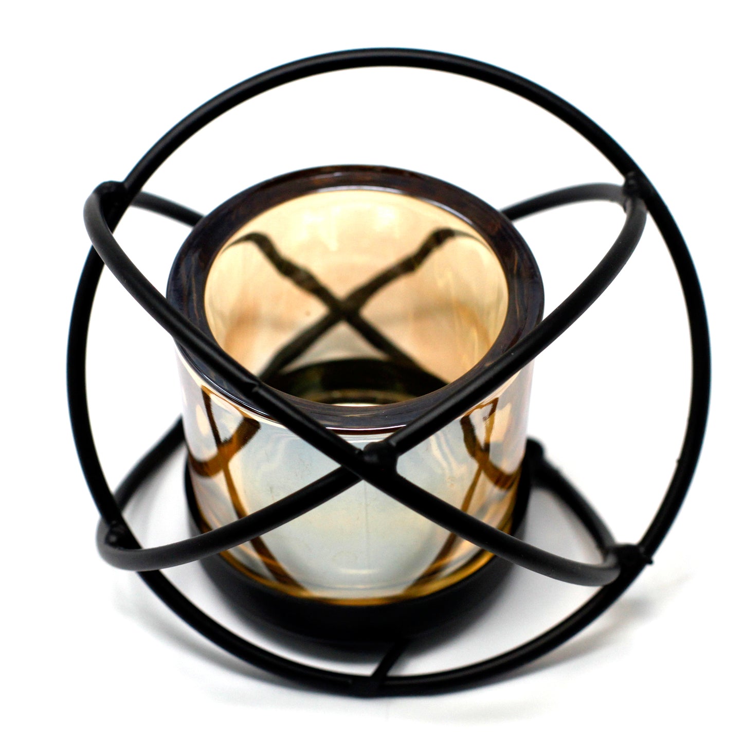 Orb-shaped iron candle holder with amber glass votive – single tealight design