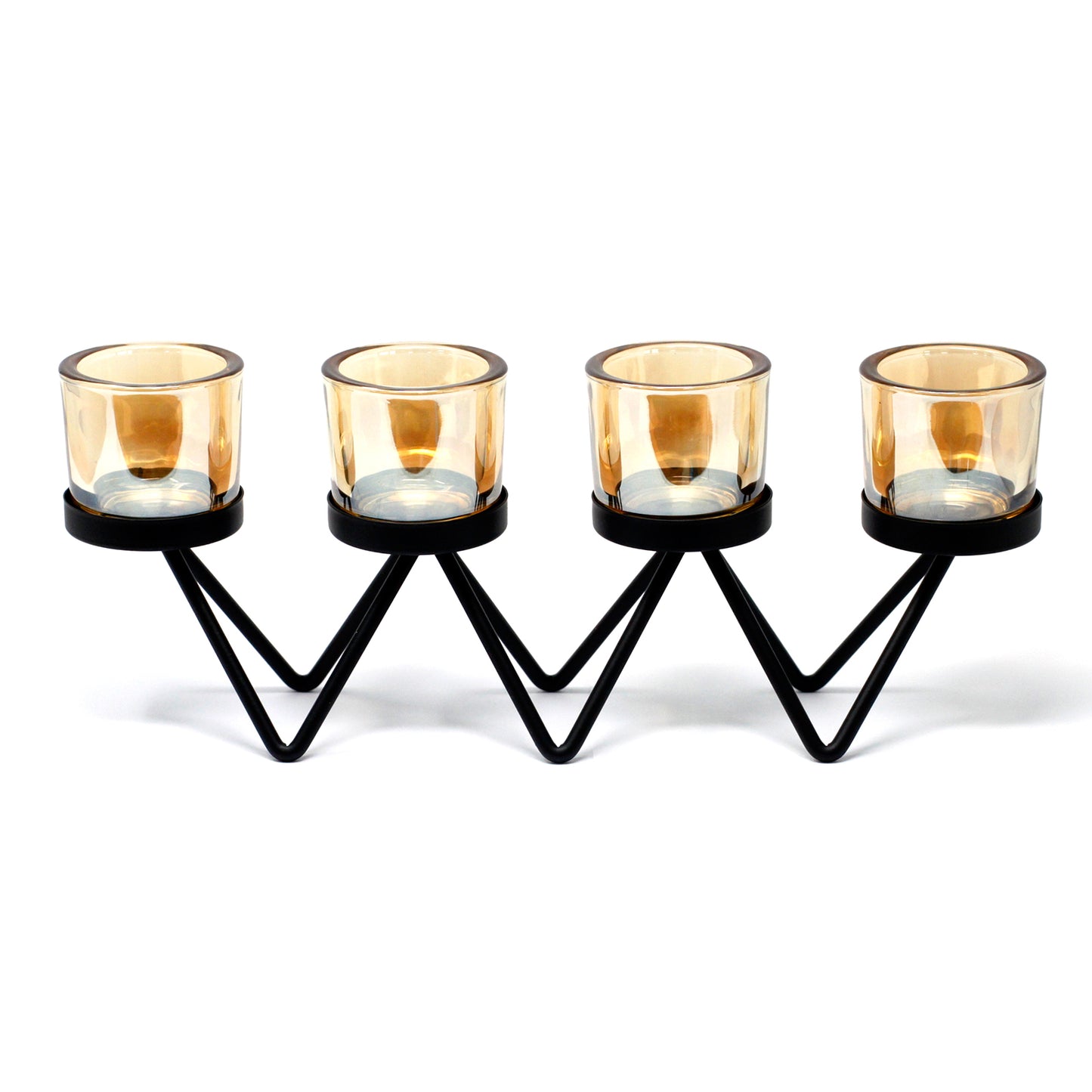Quadruple iron votive candle holder with zigzag base and amber glass – modern decorative centrepiece
