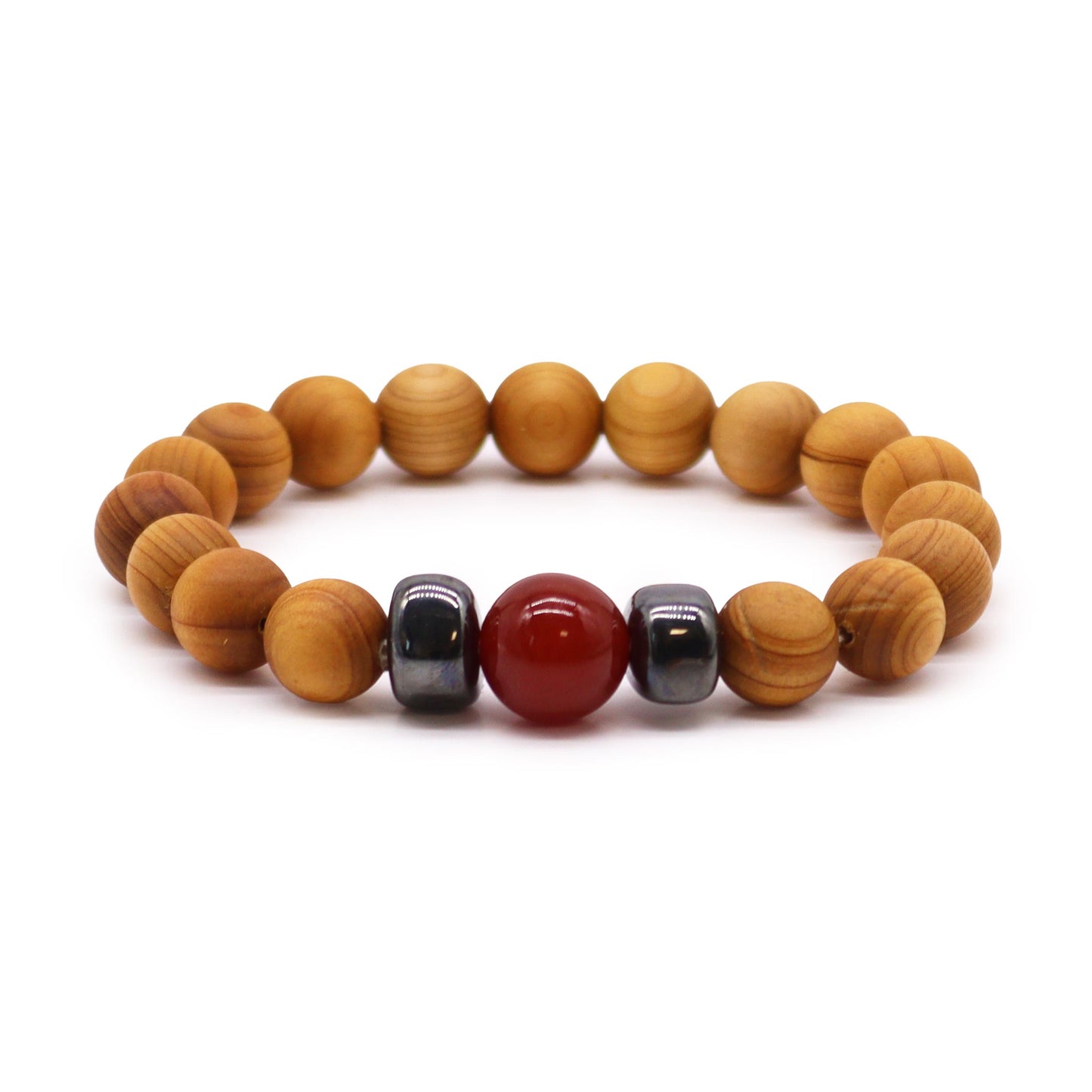 Cedarwood & Red Jasper Chakra Bracelet for Root Chakra. Supports strength, grounding, and stability. Includes info card and earthy aromatic balance.
