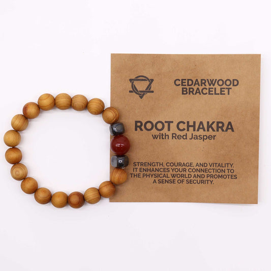 Cedarwood & Red Jasper Chakra Bracelet for Root Chakra. Supports strength, grounding, and stability. Includes info card and earthy aromatic balance.