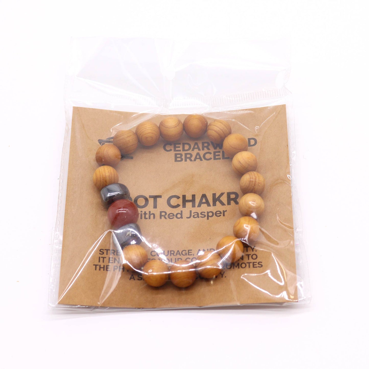 Cedarwood & Red Jasper Chakra Bracelet for Root Chakra. Supports strength, grounding, and stability. Includes info card and earthy aromatic balance.