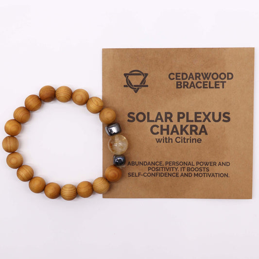 Cedarwood Chakra Bracelet with Citrine for Solar Plexus Chakra, promoting confidence, vitality, and emotional warmth with natural aroma.