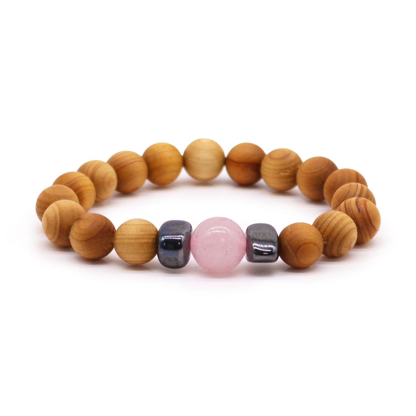 Cedarwood Chakra Bracelet with Rose Quartz for Heart Chakra, promoting love, healing, and emotional balance with grounding aroma.