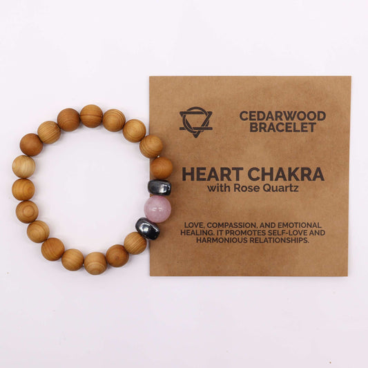 Cedarwood Chakra Bracelet with Rose Quartz for Heart Chakra, promoting love, healing, and emotional balance with grounding aroma.