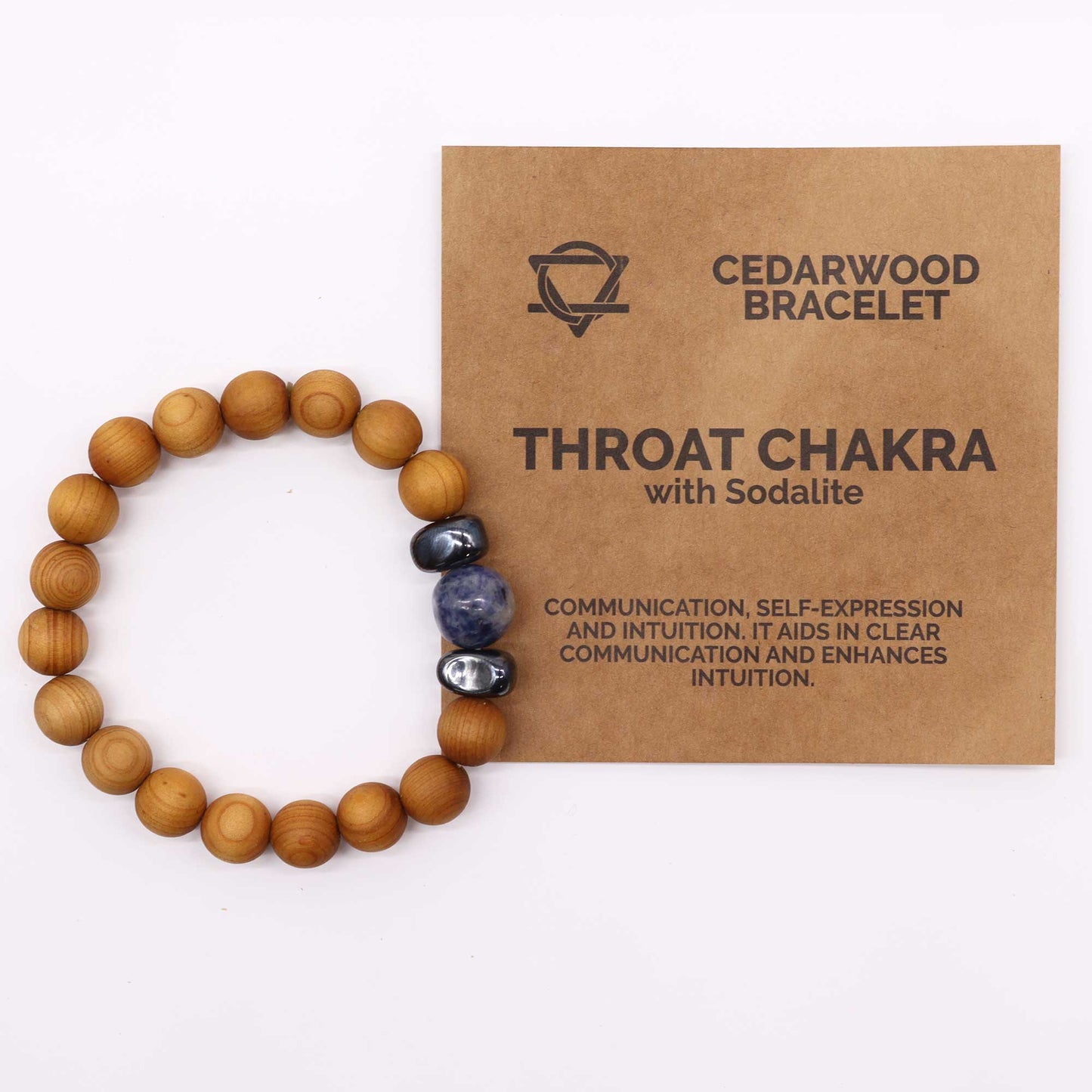 Cedarwood Chakra Bracelet with Sodalite gemstone for Throat Chakra, enhancing communication, clarity, and calm with grounding aroma.