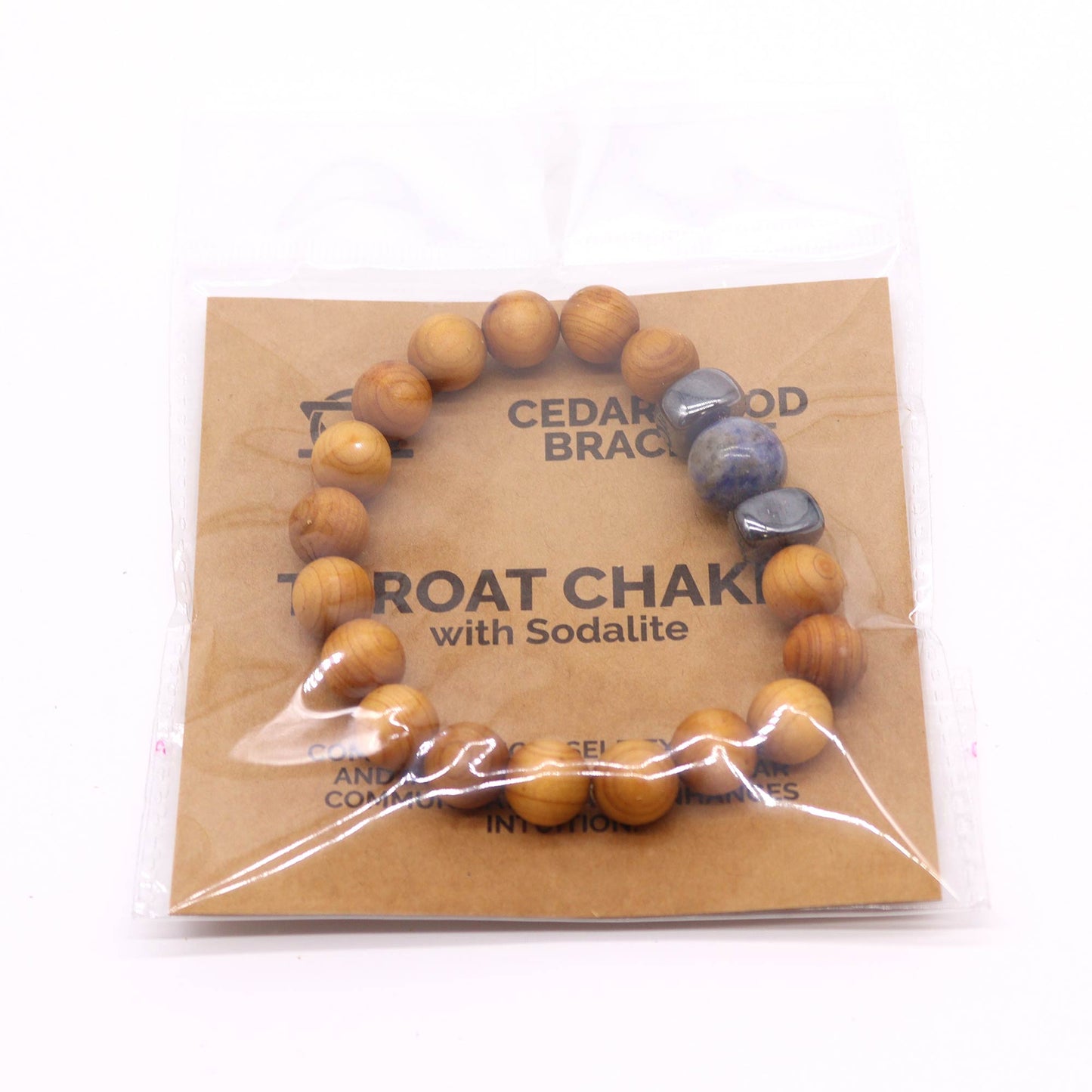 Cedarwood Chakra Bracelet with Sodalite gemstone for Throat Chakra, enhancing communication, clarity, and calm with grounding aroma.