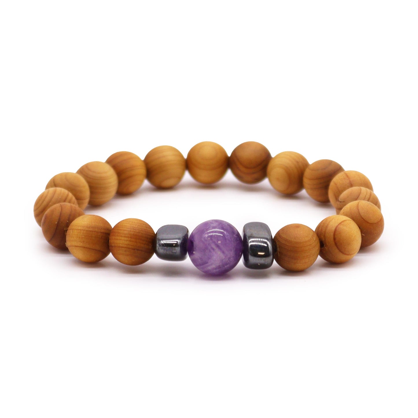 Cedarwood Chakra Bracelet with Amethyst gemstone for Third Eye Chakra, supporting intuition and clarity with a calming natural aroma.