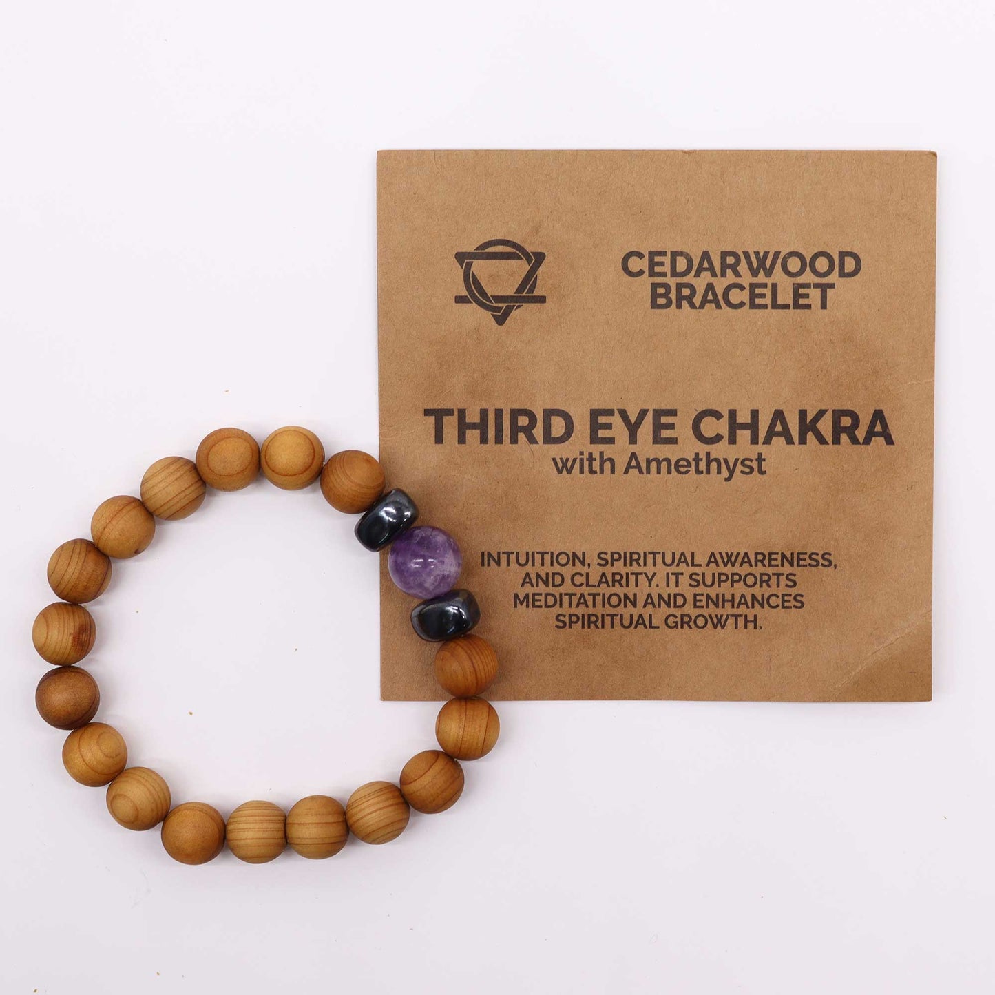 Cedarwood Chakra Bracelet with Amethyst gemstone for Third Eye Chakra, supporting intuition and clarity with a calming natural aroma.