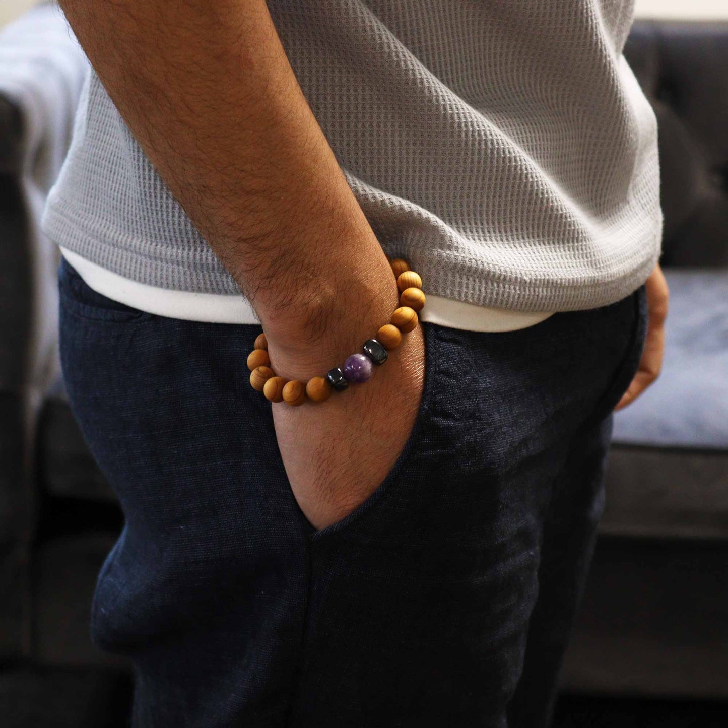 Cedarwood Chakra Bracelet with Amethyst gemstone for Third Eye Chakra, supporting intuition and clarity with a calming natural aroma.