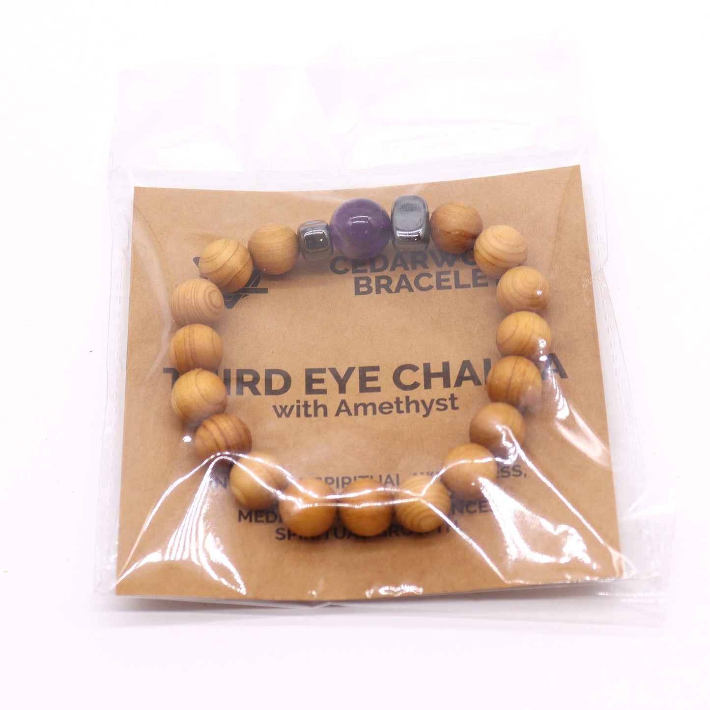 Cedarwood Chakra Bracelet with Amethyst gemstone for Third Eye Chakra, supporting intuition and clarity with a calming natural aroma.