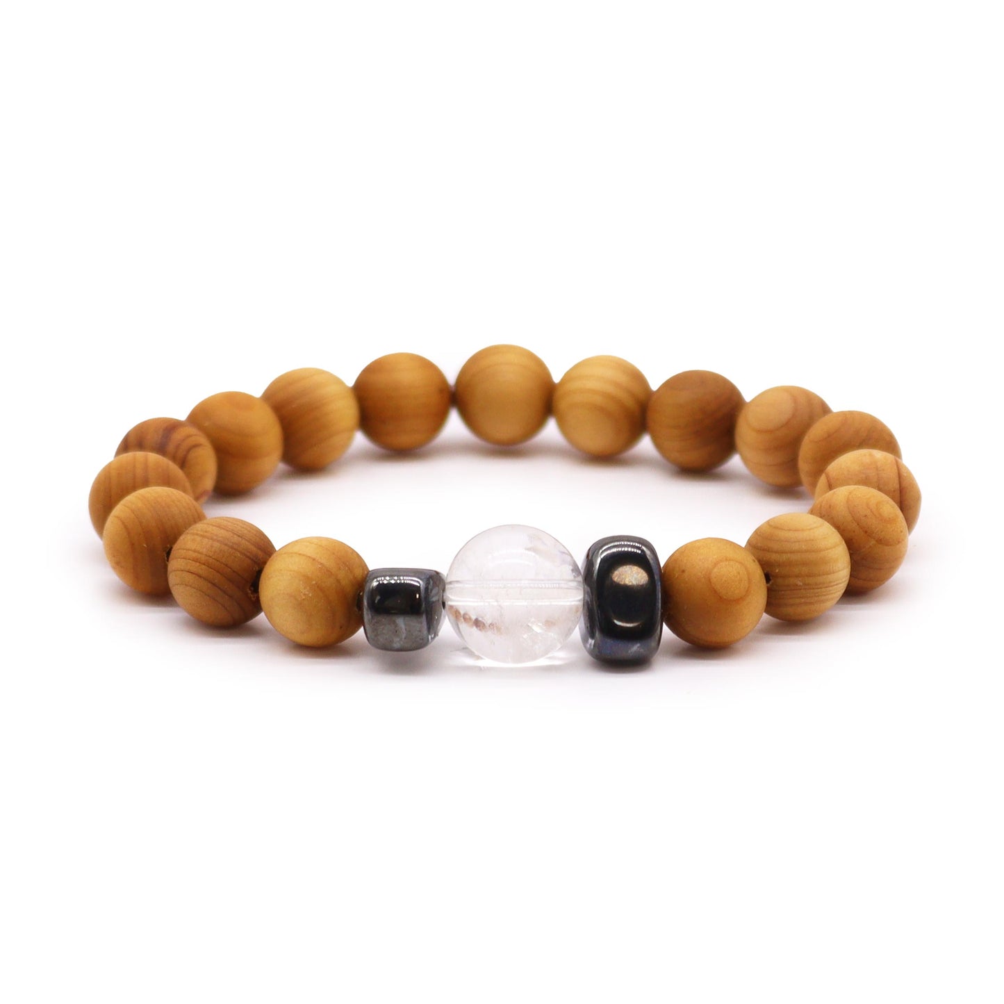 Cedarwood Chakra Bracelet with Clear Quartz for Crown Chakra, enhancing spiritual clarity and connection with soothing cedarwood aroma.