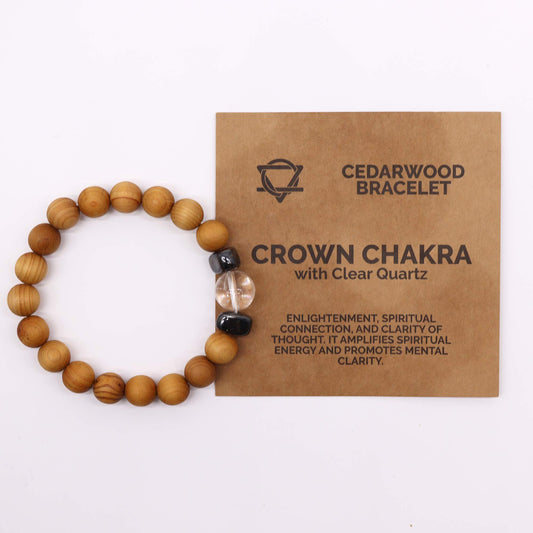 Cedarwood Chakra Bracelet with Clear Quartz for Crown Chakra, enhancing spiritual clarity and connection with soothing cedarwood aroma.