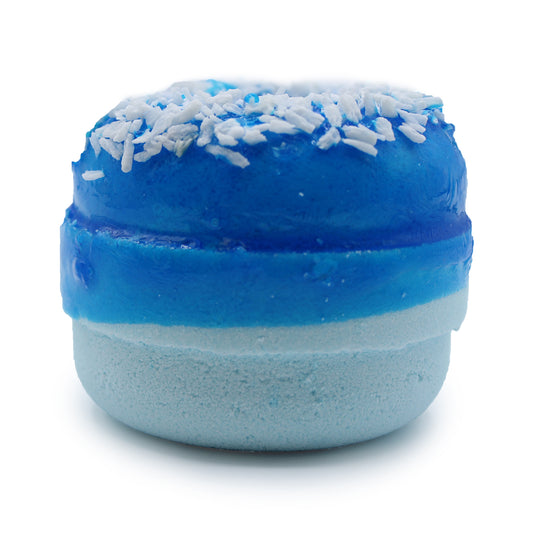 Luxury Donut Bath Bomb – Blueberry with sprinkle topper and fruity scent, handcrafted with coconut oil for a fun, skin-softening soak.