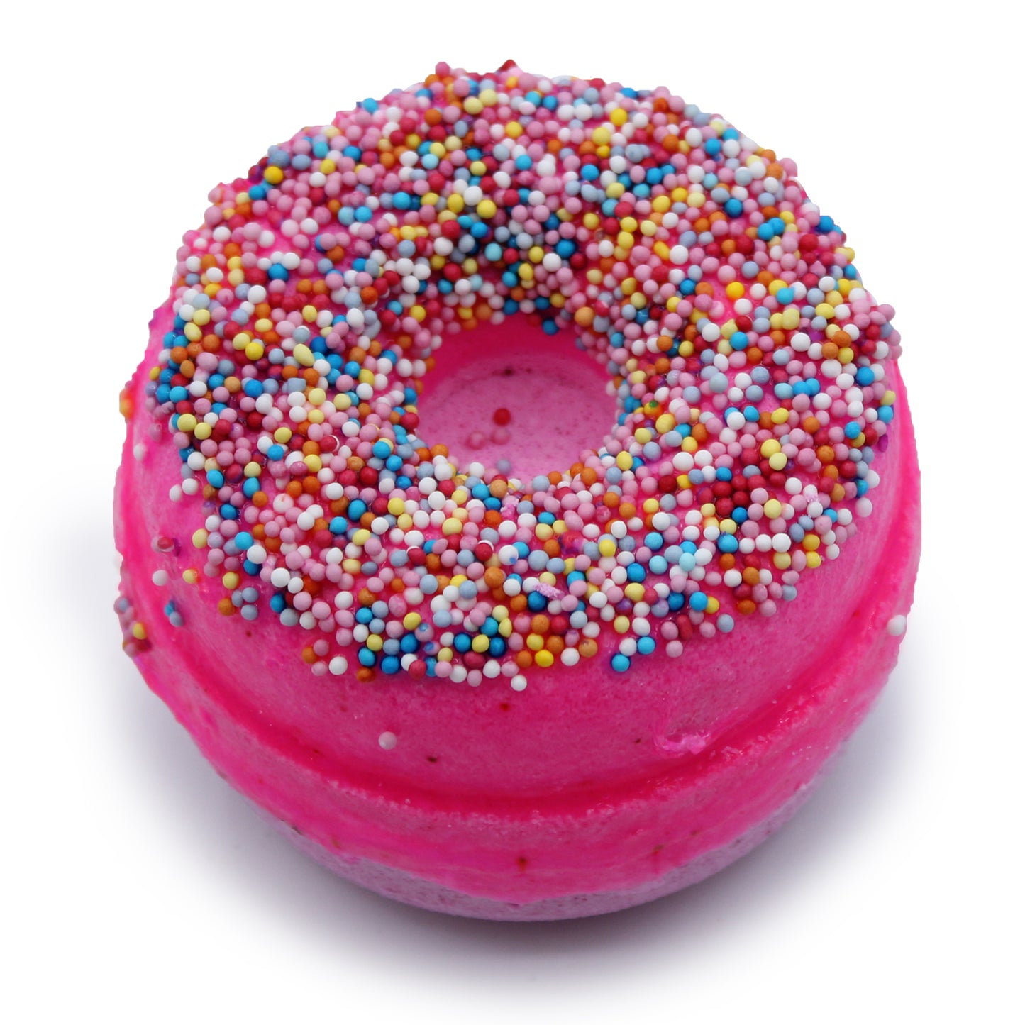 Luxury Donut Bath Bomb – Raspberry with berry fragrance, sprinkle topper, and skin-softening coconut oil.