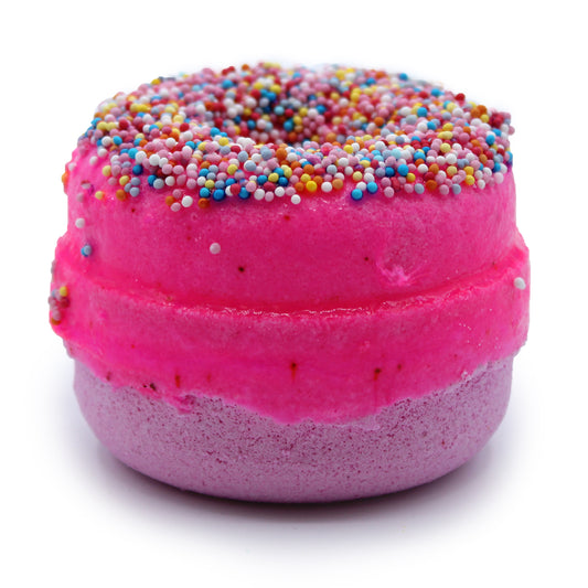 Luxury Donut Bath Bomb – Raspberry with berry fragrance, sprinkle topper, and skin-softening coconut oil.