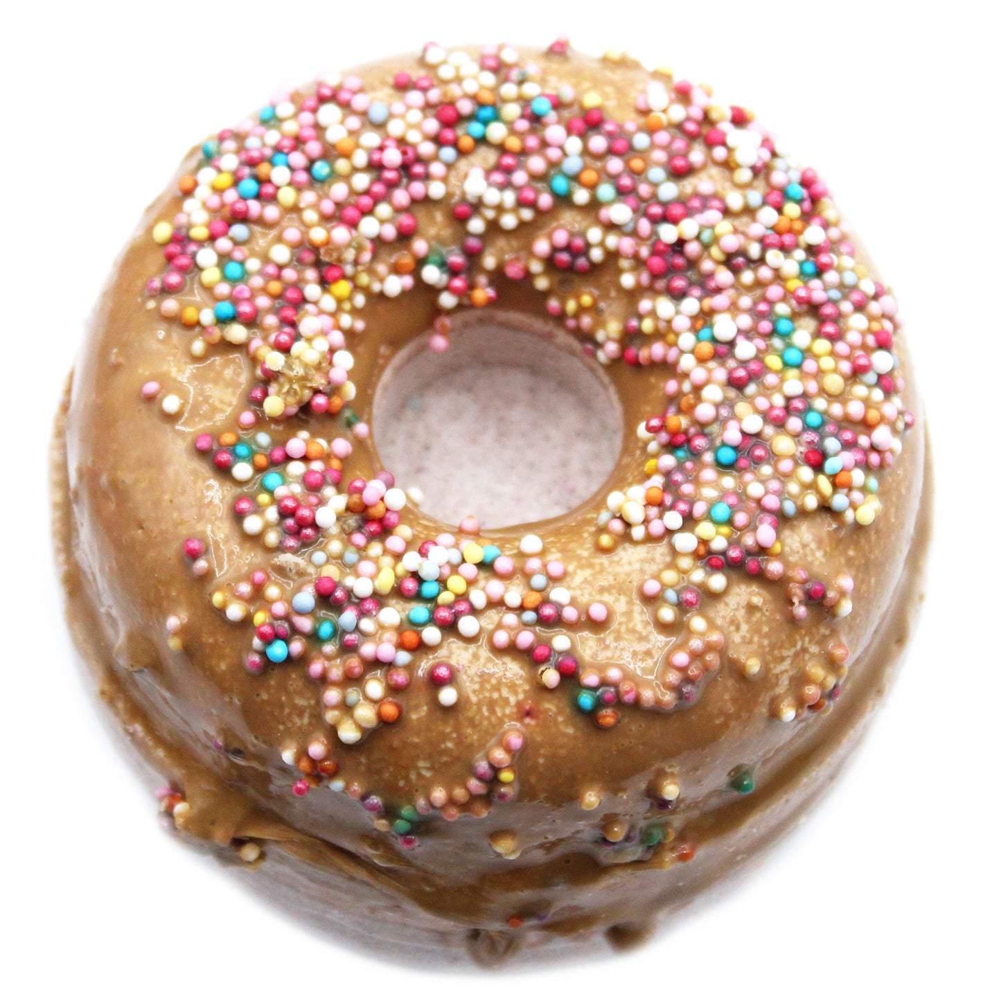 Luxury Donut Bath Bomb – Toffee & Caramel with dessert-inspired scent, coconut oil, and sprinkle topping for a sweet, skin-softening soak.
